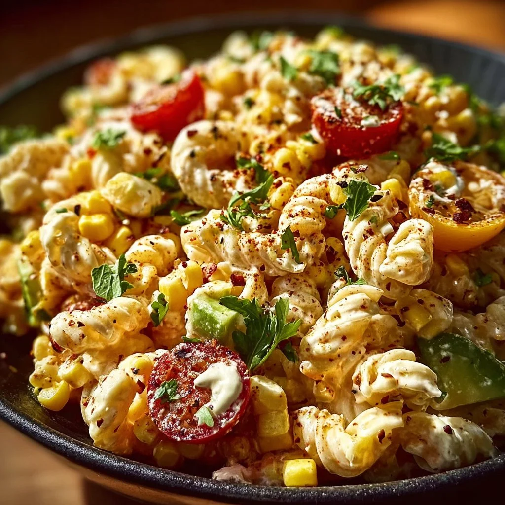 Bowl of Mexican Street Corn Pasta Salad garnished with cilantro and lime.