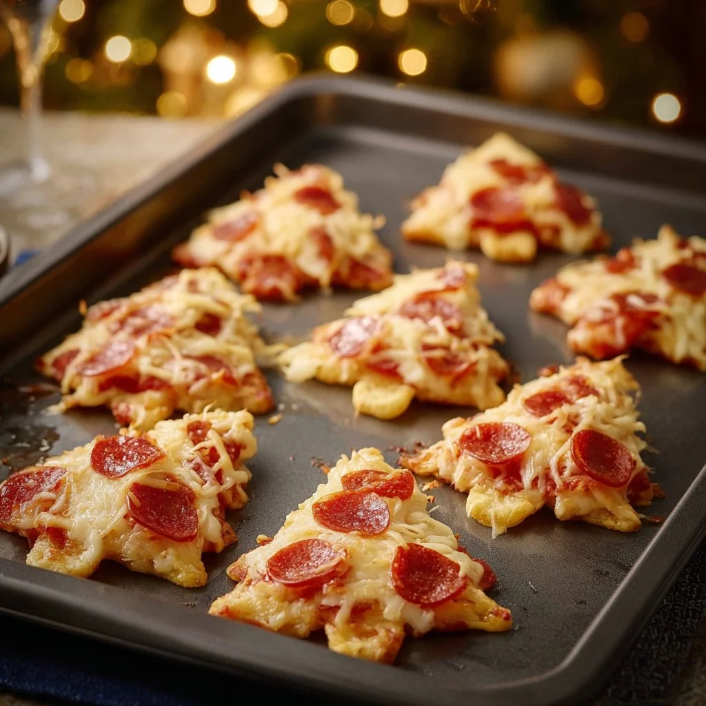 Mini Christmas Tree Pizza topped with festive vegetables for a holiday treat