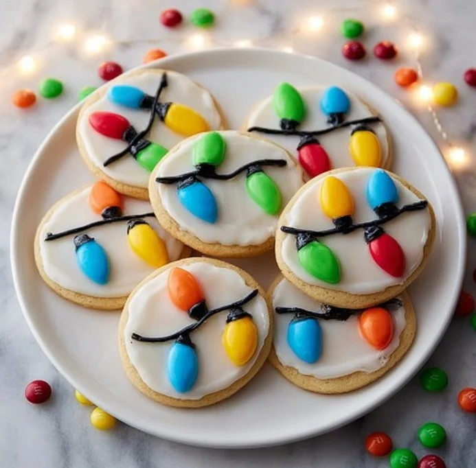 Colorful M&M Christmas light cookies shaped like holiday decorations