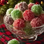 Colorful Christmas Jello Balls served on a festive plate