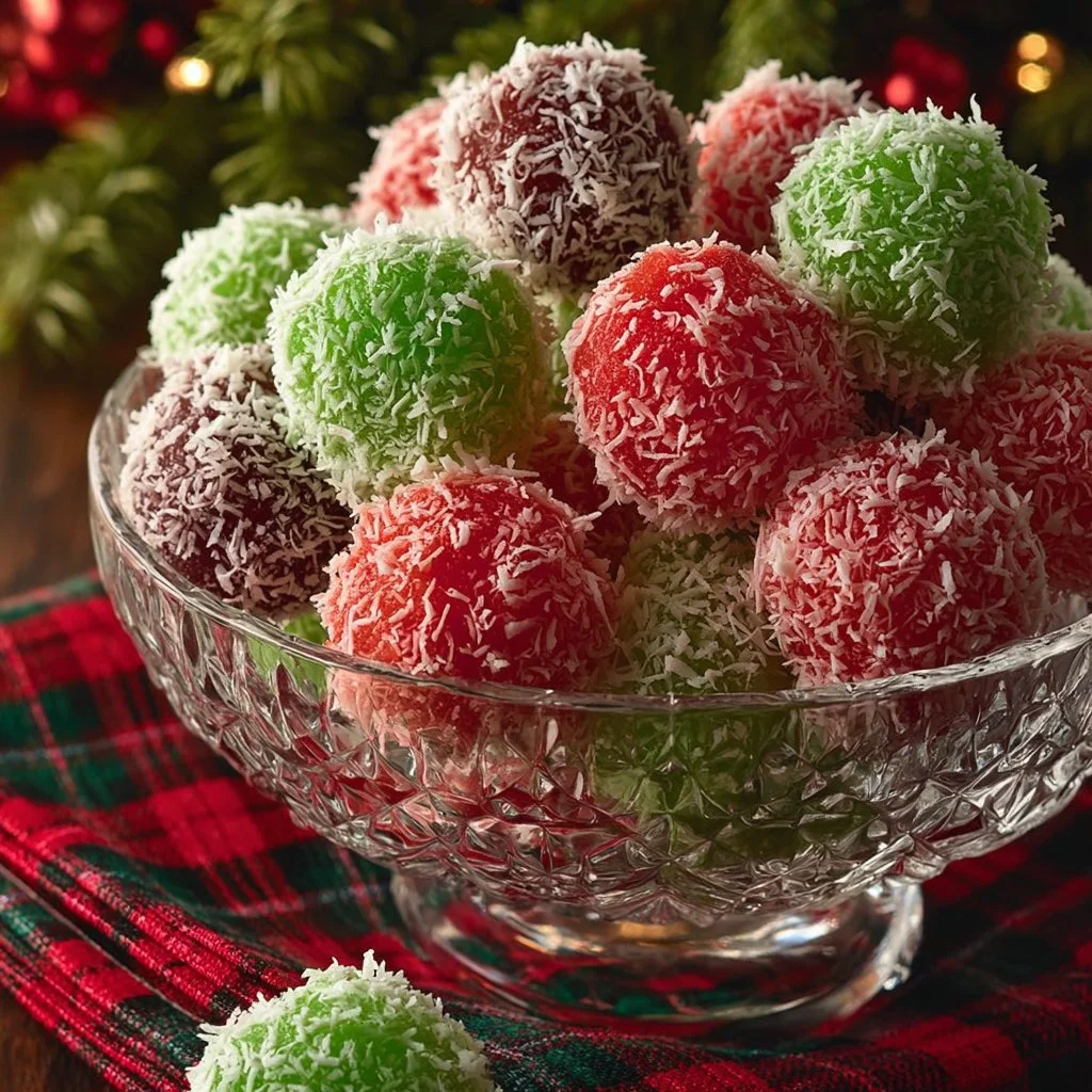 Colorful Christmas Jello Balls served on a festive plate