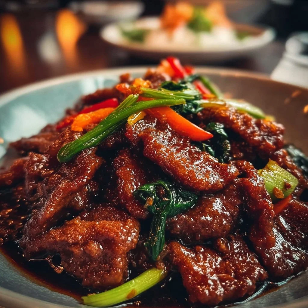 Delicious plate of Mongolian Beef with vegetables and rice