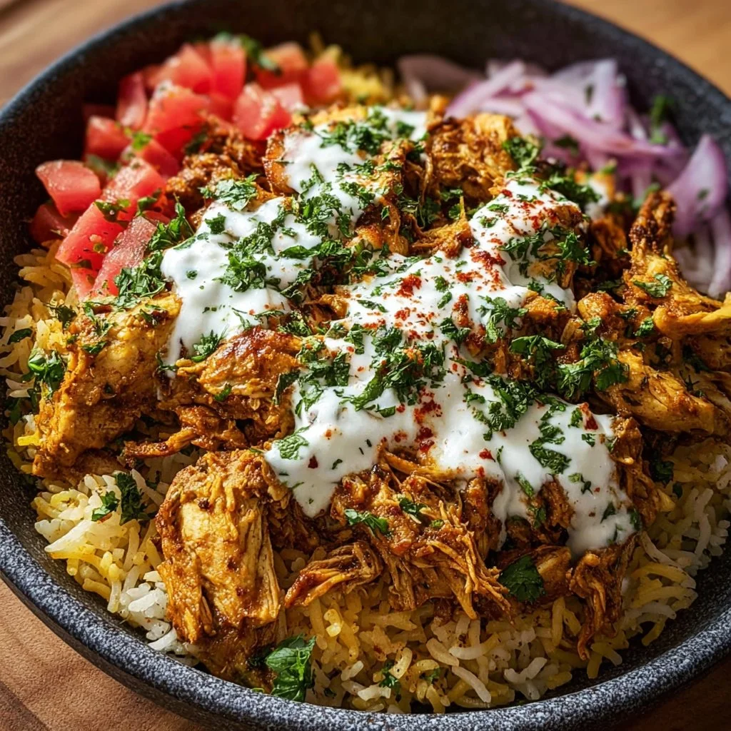 One Pot Shawarma Chicken and Rice with spices and veggies in a serving dish