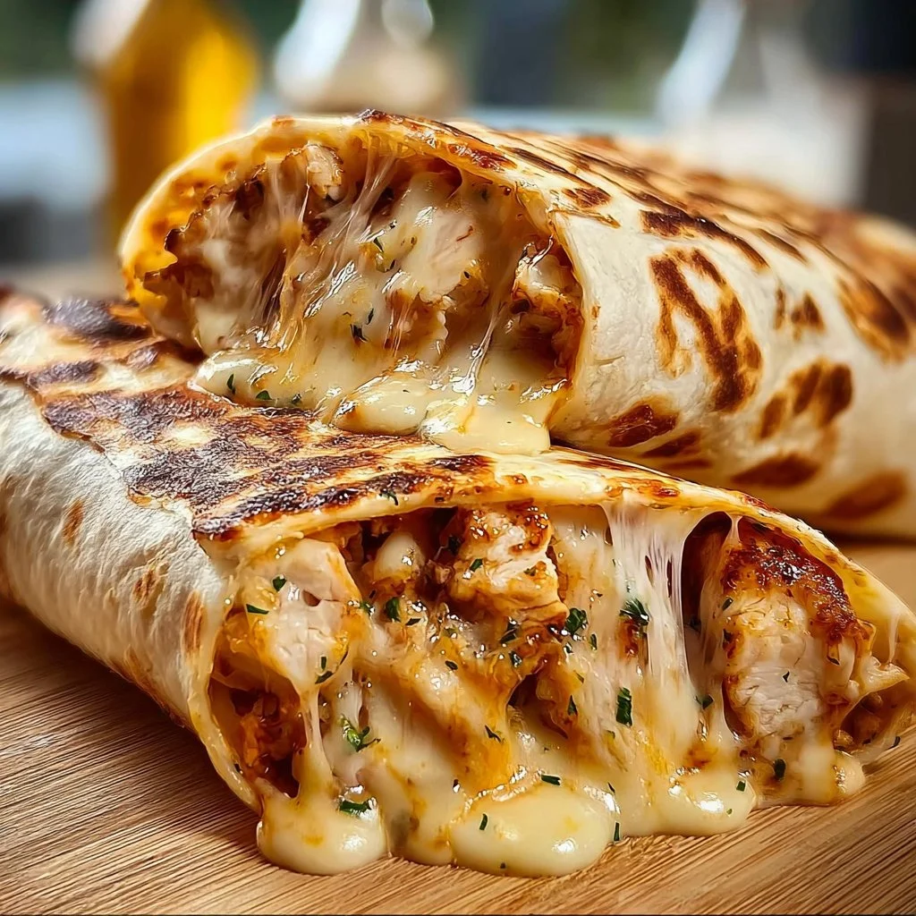 Cheesy garlic chicken wraps with melted cheese and grilled chicken in a tortilla