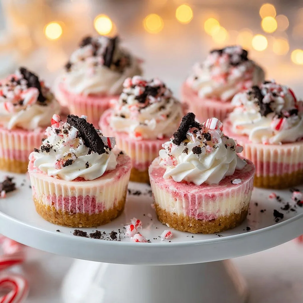 Oreo peppermint mini cheesecakes on a dessert table