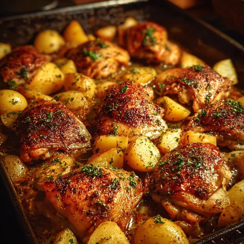 Savory oven baked chicken thighs and potatoes garnished with herbs