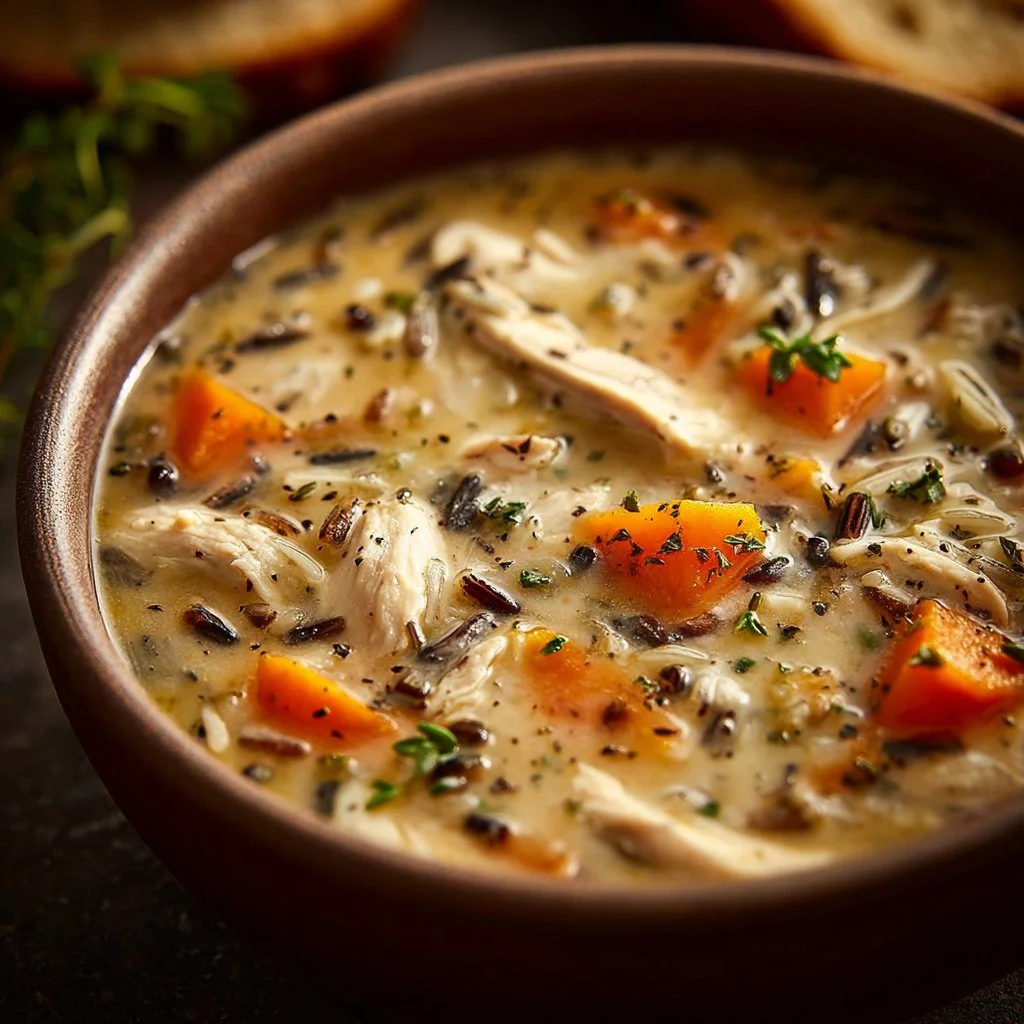 Bowl of delicious Chicken Wild Rice Soup inspired by Panera's recipe.