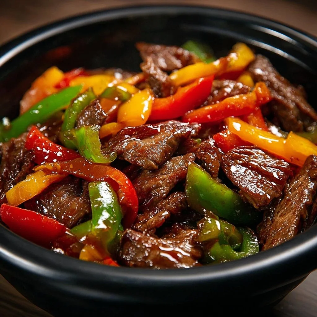 Crock Pot pepper steak served with rice and colorful vegetables