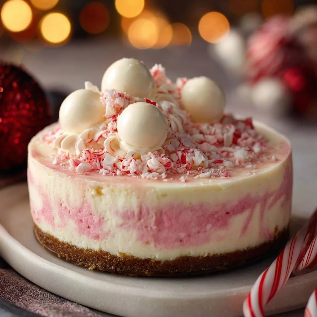 Delicious peppermint cheesecake topped with chocolate drizzles and crushed candies