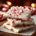 Peppermint crunch white chocolate covered graham crackers arranged on a plate.