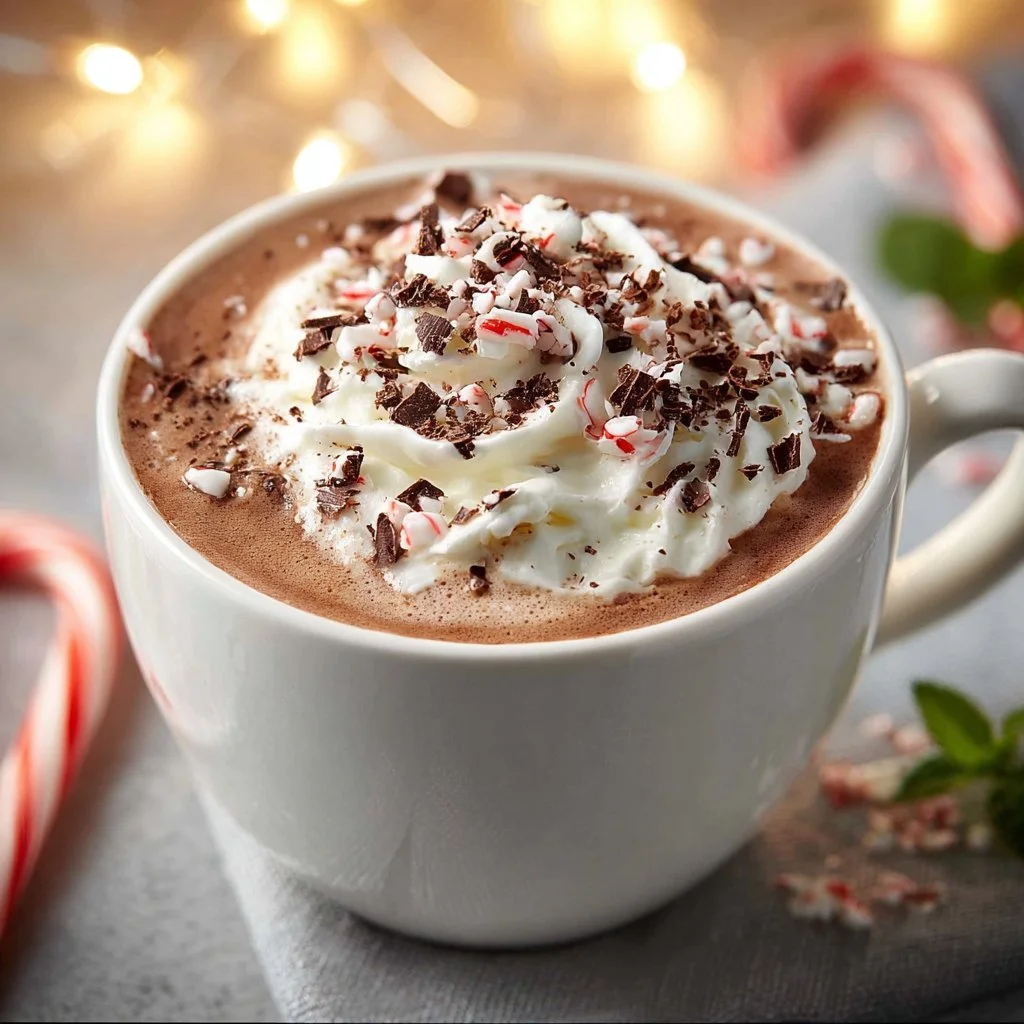 Delicious peppermint hot chocolate topped with whipped cream and festive candy canes.