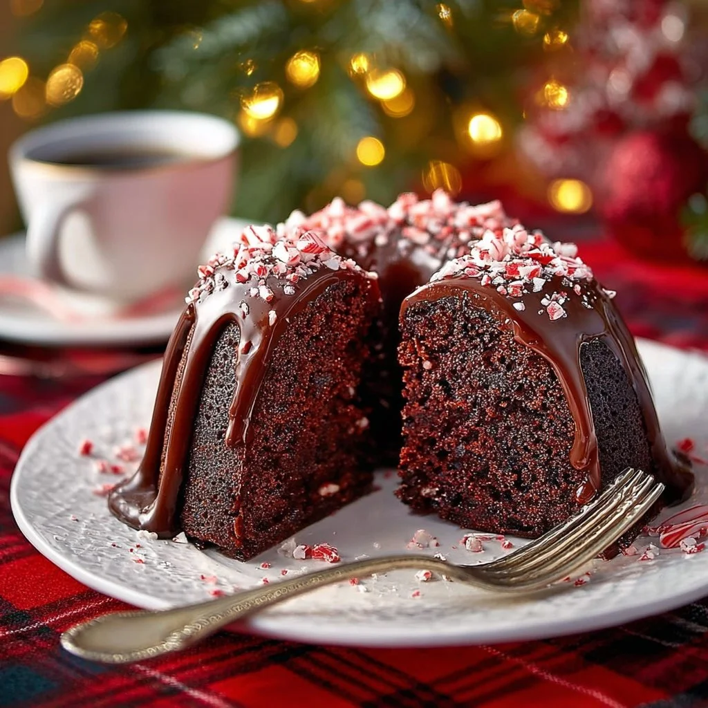 Delicious Peppermint Mocha Bundt Cake topped with festive decorations