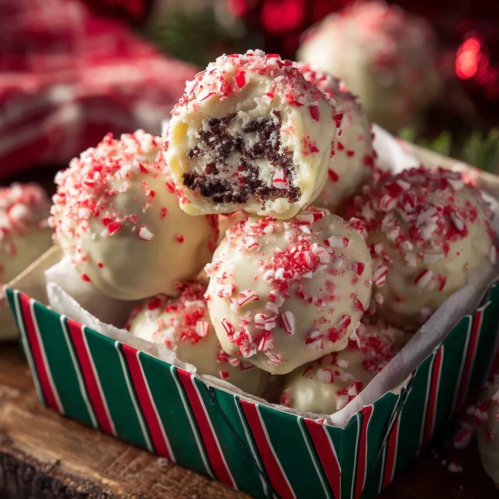 Delicious Peppermint Oreo Balls decorated for the holidays
