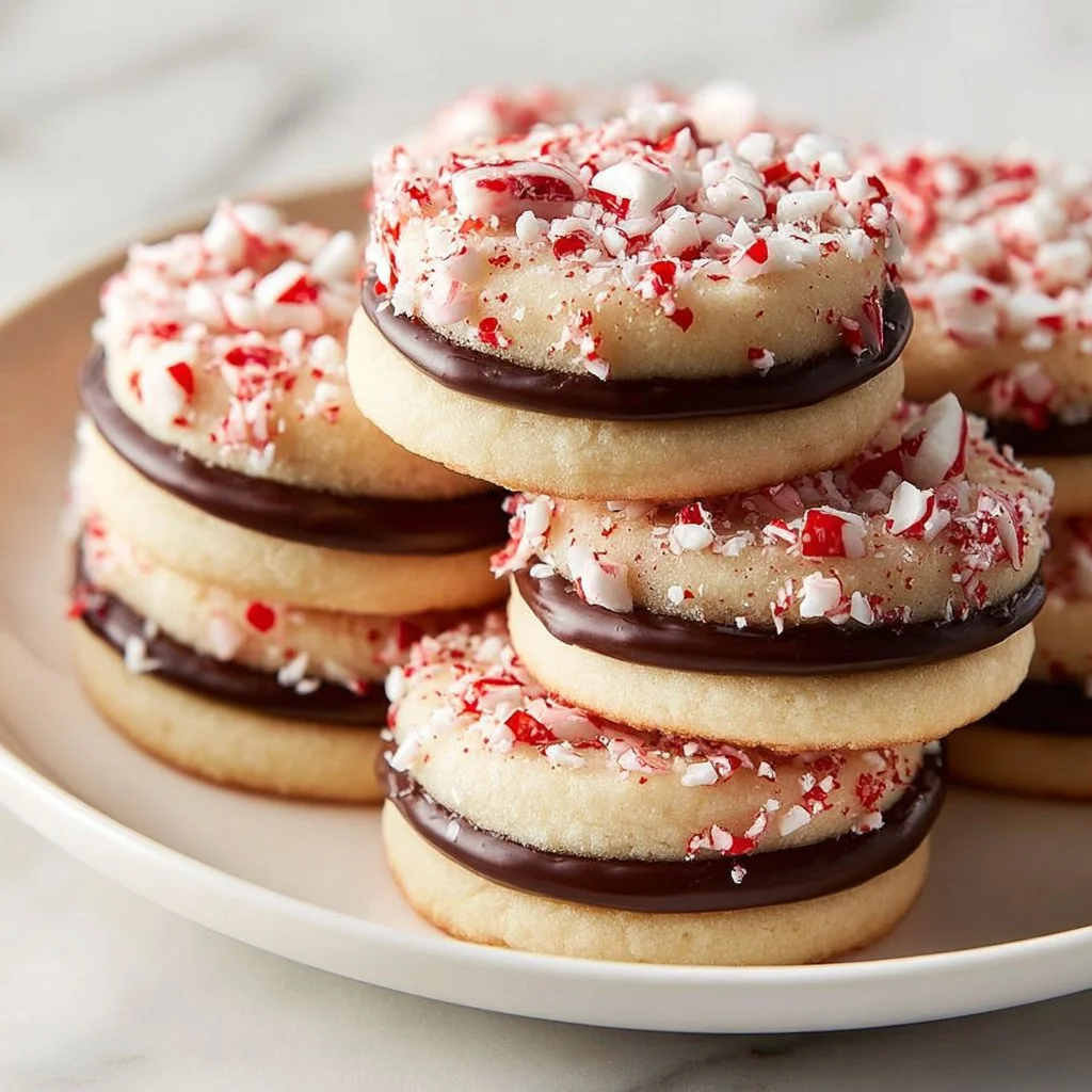 Peppermint sugar cookie sandwiches with chocolate ganache filling on a festive plate