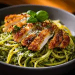 Delicious pesto pasta topped with crispy parmesan chicken on a plate