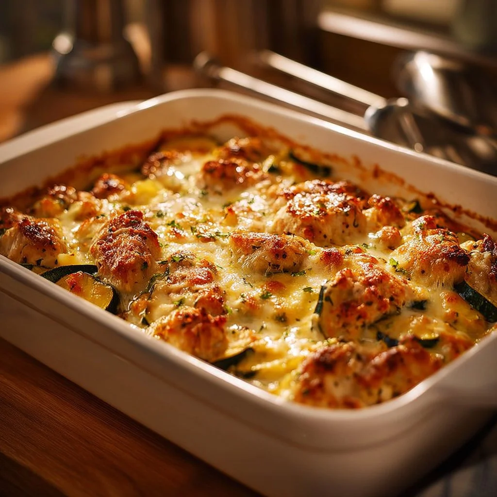 Quick rotisserie chicken zucchini casserole topped with cheese and herbs