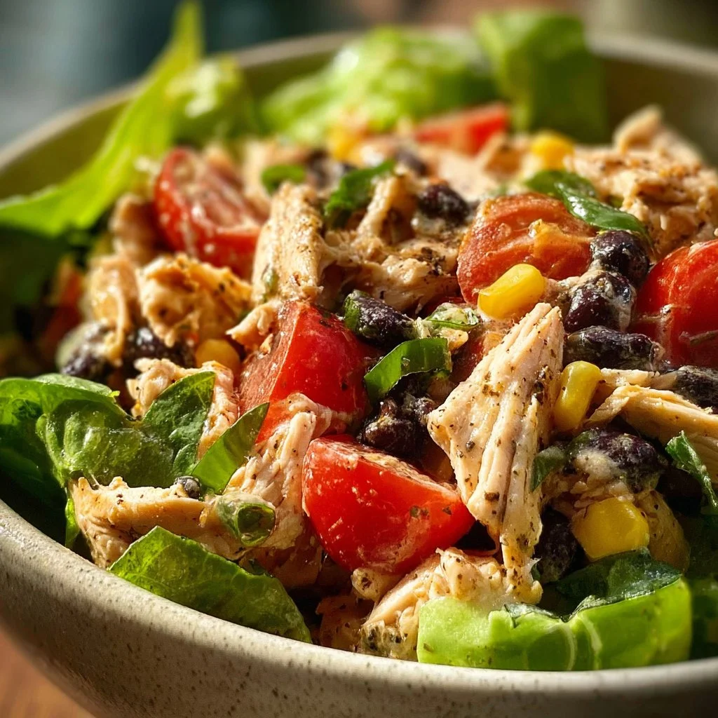 Colorful quick Southwest Chicken Salad with grilled chicken, veggies, and dressing