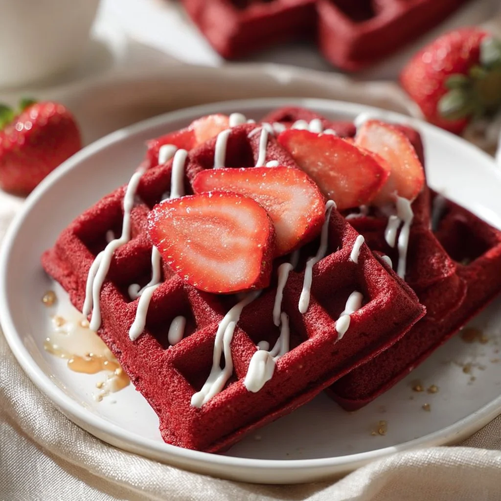 A plate of red velvet waffles topped with cream cheese frosting and fresh berries