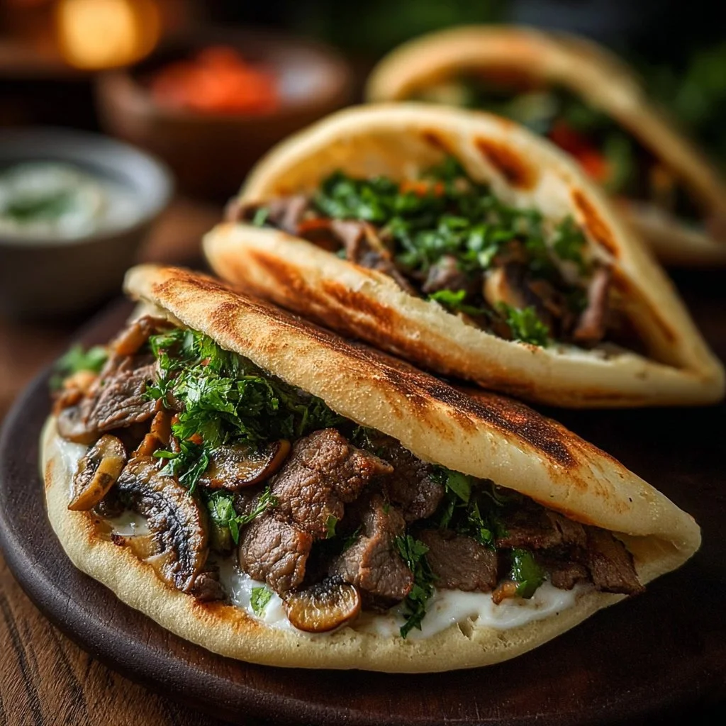 Savory beef stuffed pita pockets with mushrooms on a plate