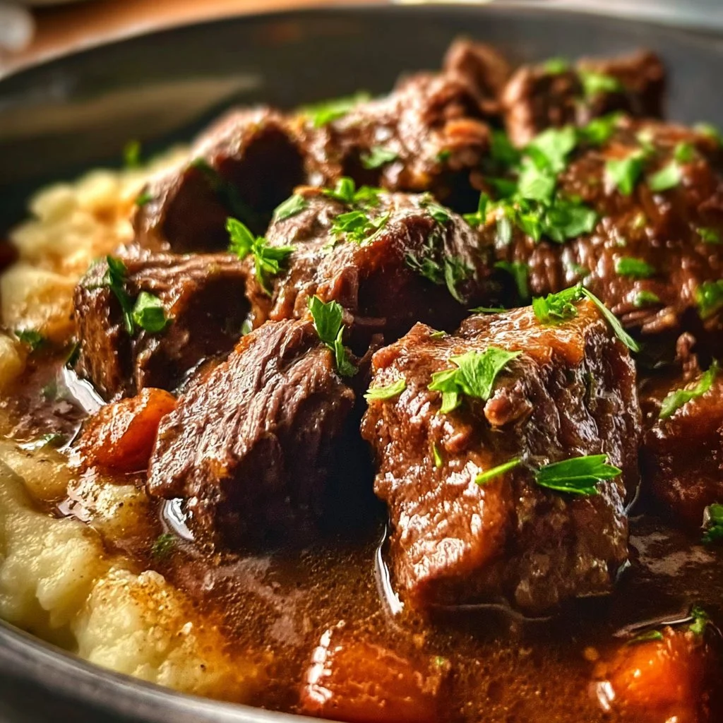 Slow cooker beef tips served with vegetables in a bowl