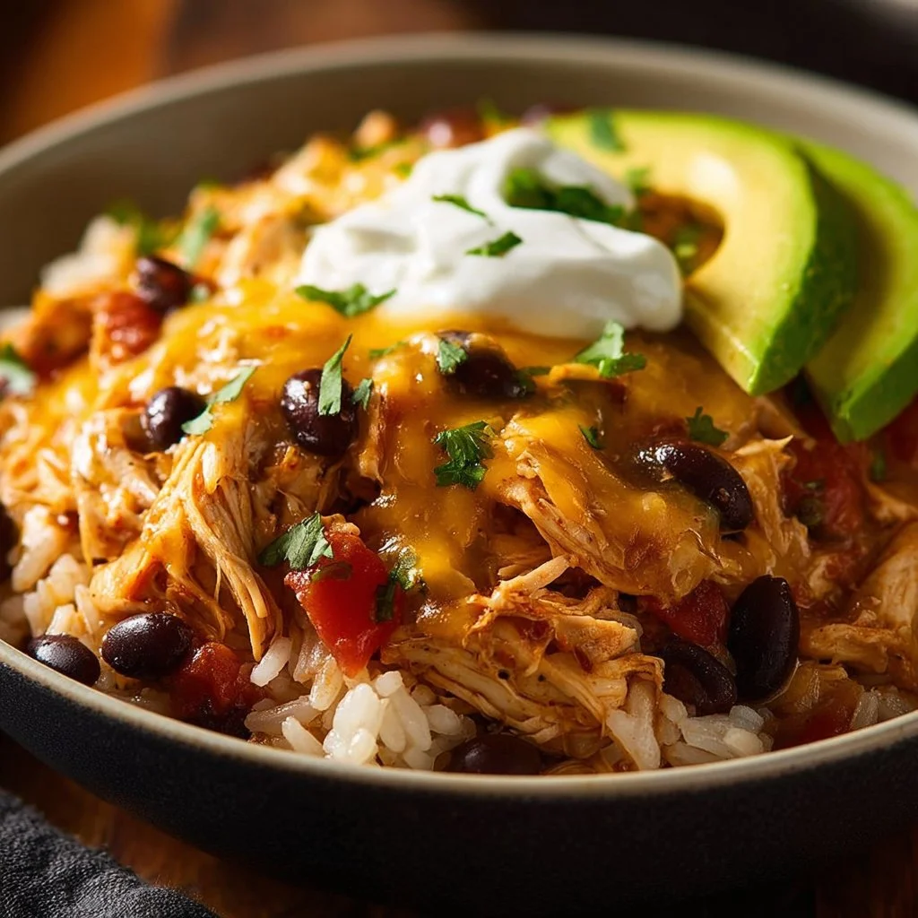 Delicious slow cooker chicken burrito bowls with fresh ingredients.