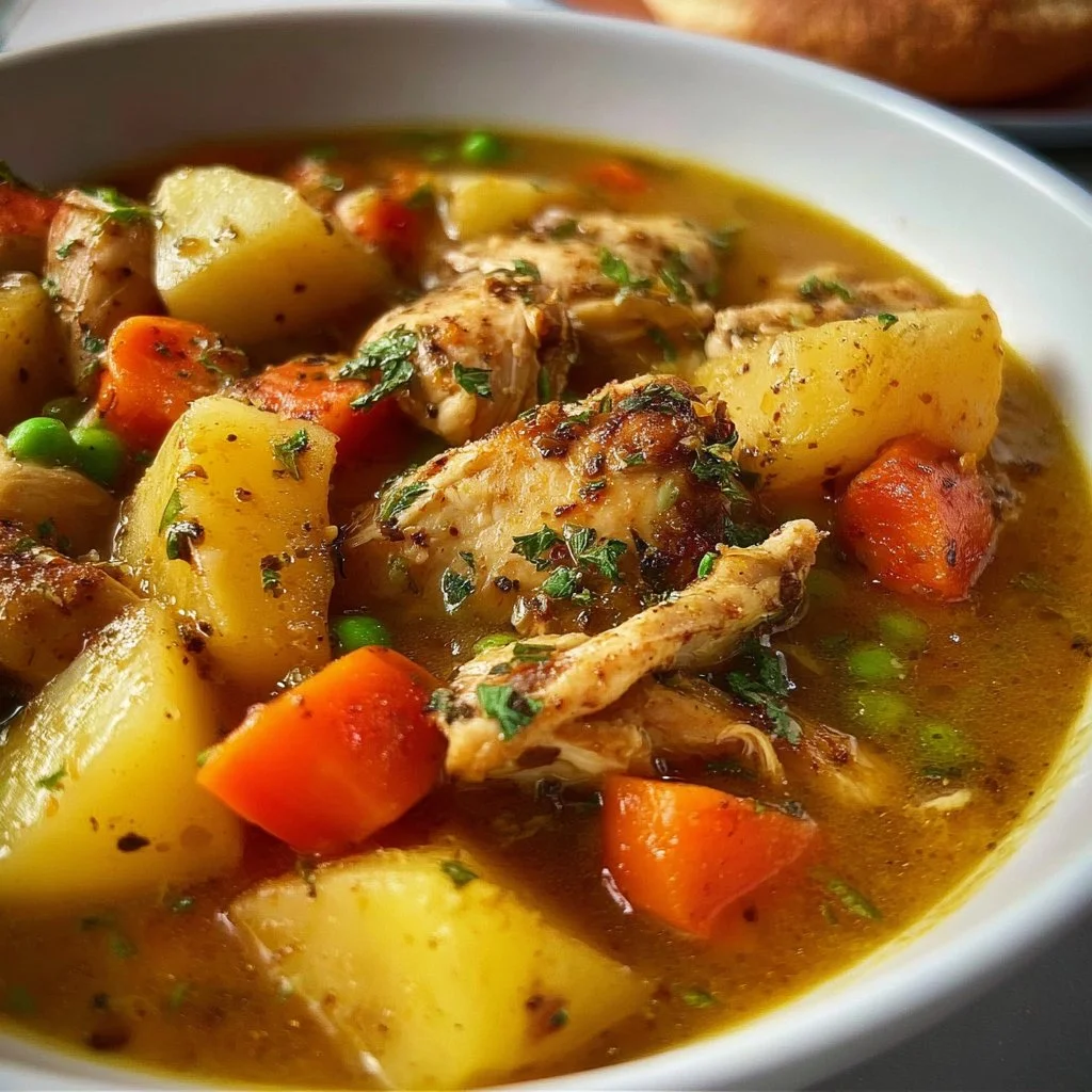 Bowl of hearty slow cooker chicken stew with vegetables and herbs