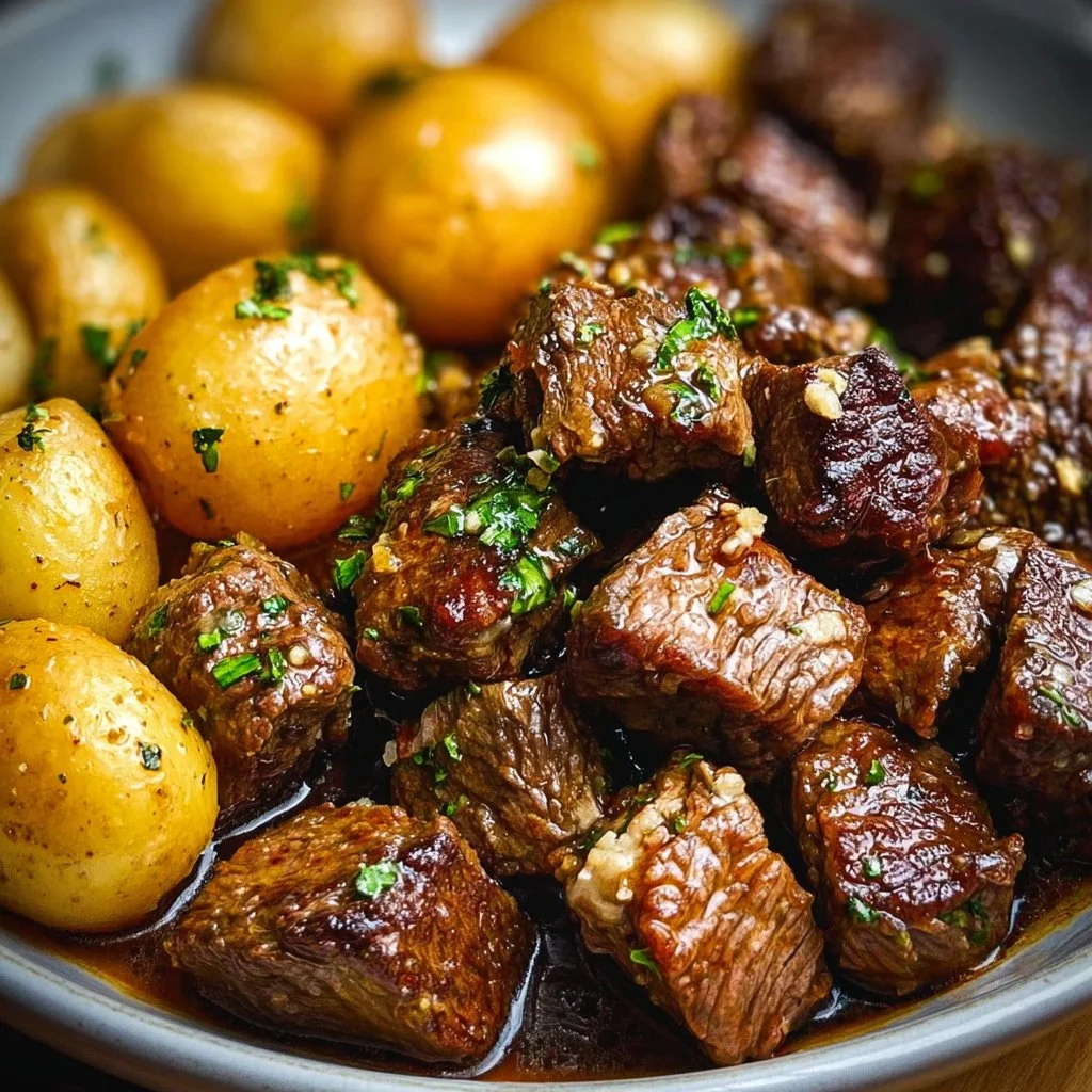 Delicious slow cooker garlic butter beef bites served with tender potatoes