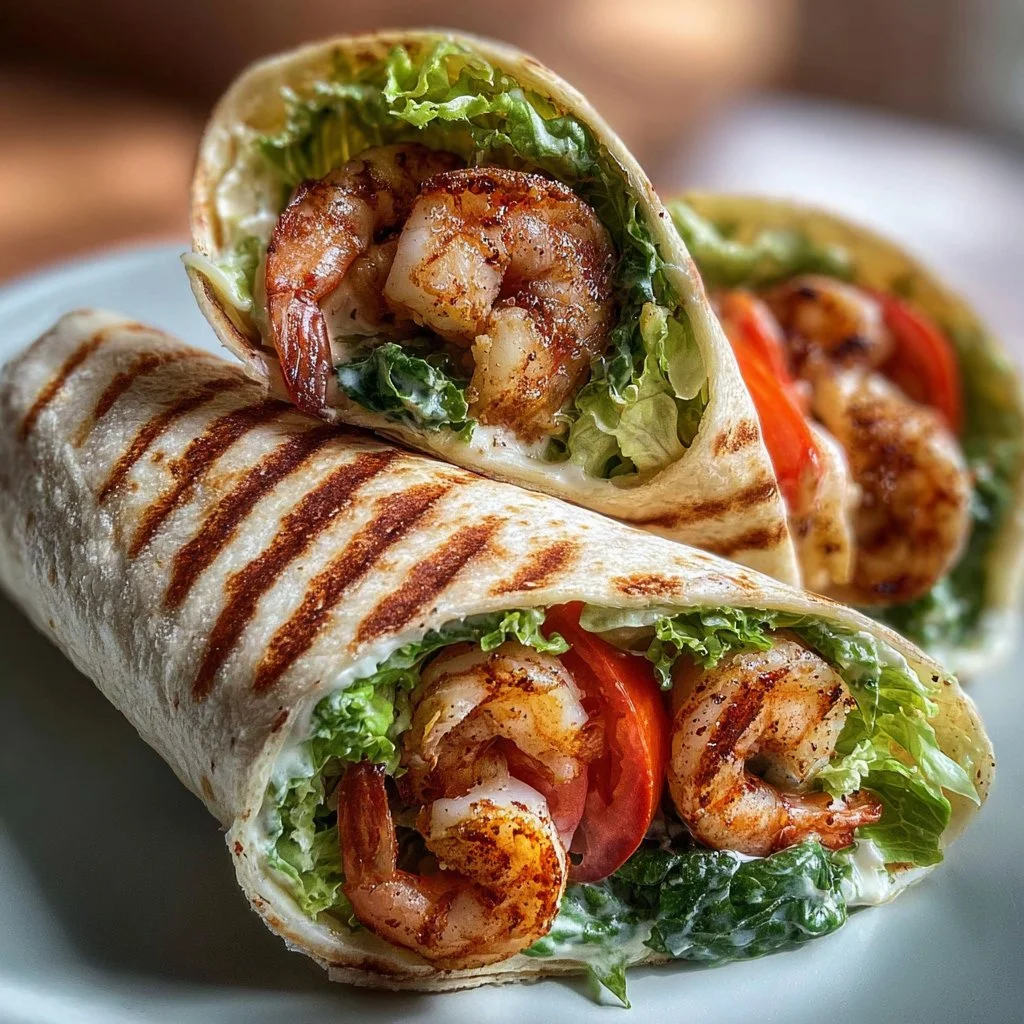 Delicious smoky grilled shrimp Caesar wrap served with fresh ingredients on a plate