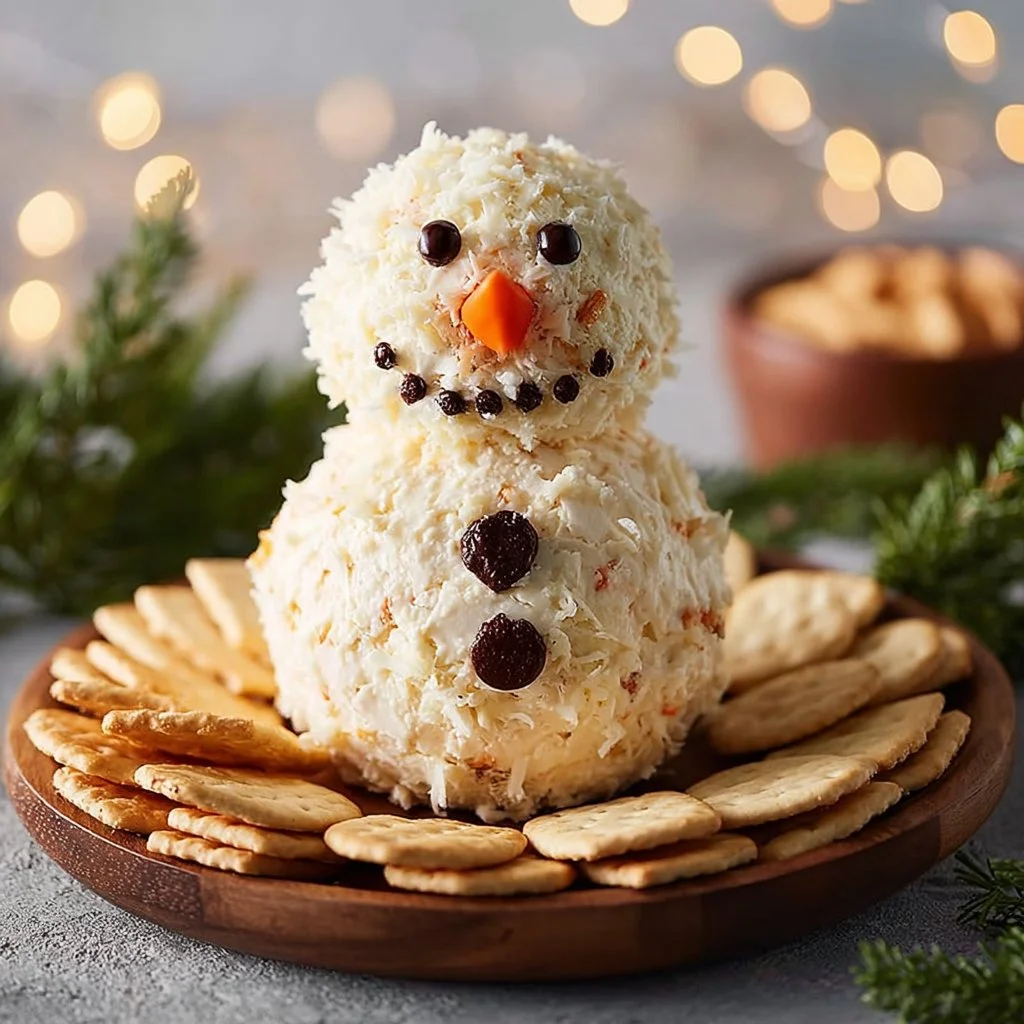 Festive snowman cheese ball appetizer for holiday gatherings