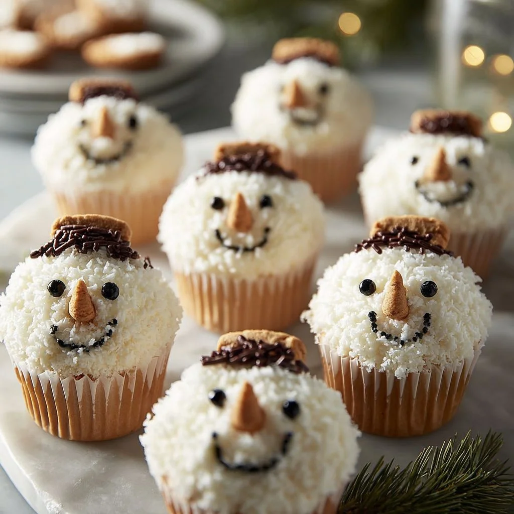 Delicious snowman cupcakes decorated with frosting and candy for winter festivities