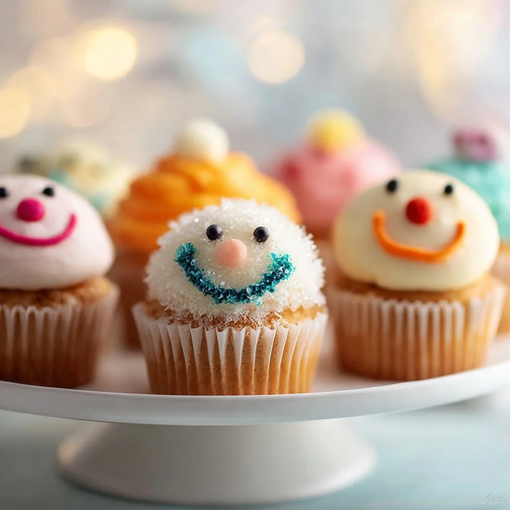 A batch of festive snowmen cupcakes decorated with frosting and candy accessories.