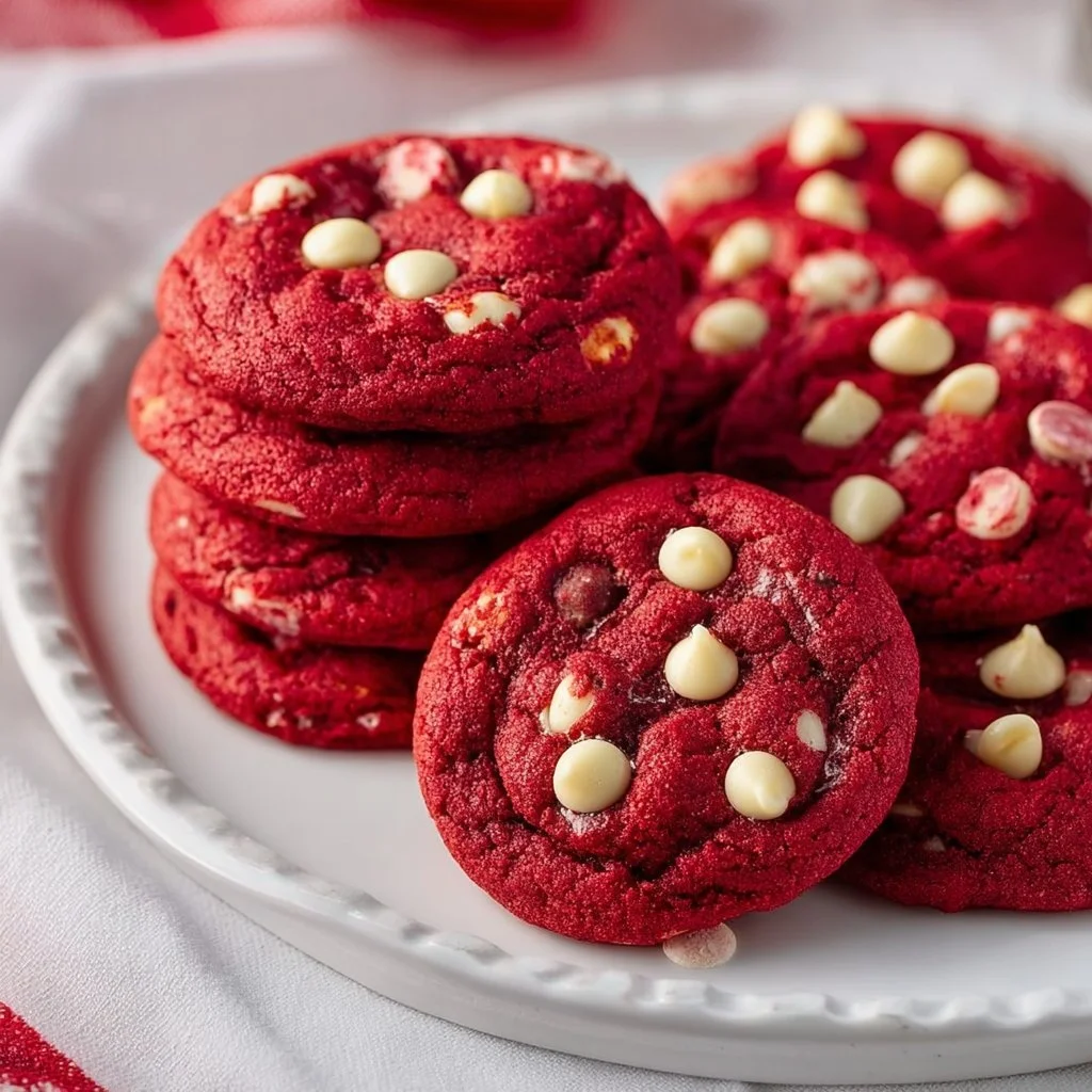 Soft and chewy red velvet cookies on a plate with decorative sprinkles