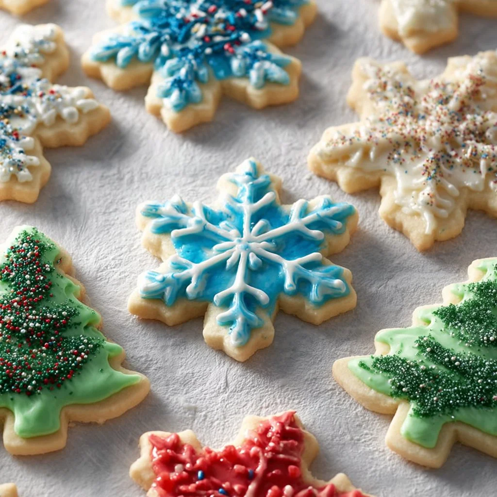 Soft baked cutout sugar cookies decorated with colorful icing.