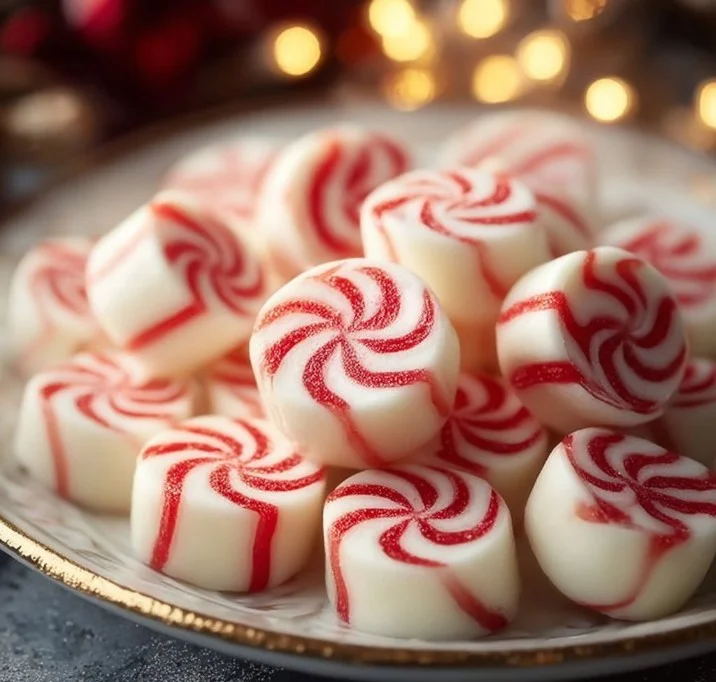 Soft and delightful Christmas peppermints in a holiday-themed bowl.