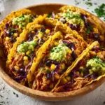 Delicious Southwestern Crockpot Chicken Tacos served on a colorful platter.