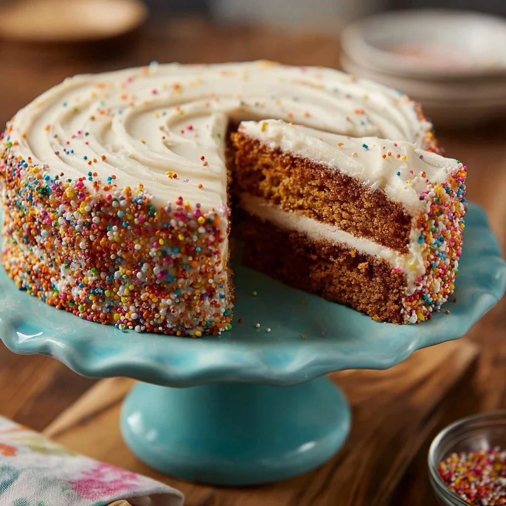 Delicious homemade spice cake topped with frosting and decorated with spices.