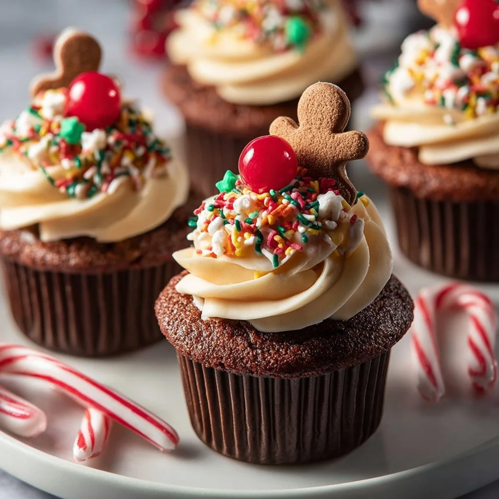 Spicy gingerbread cupcakes topped with creamy frosting and festive decorations