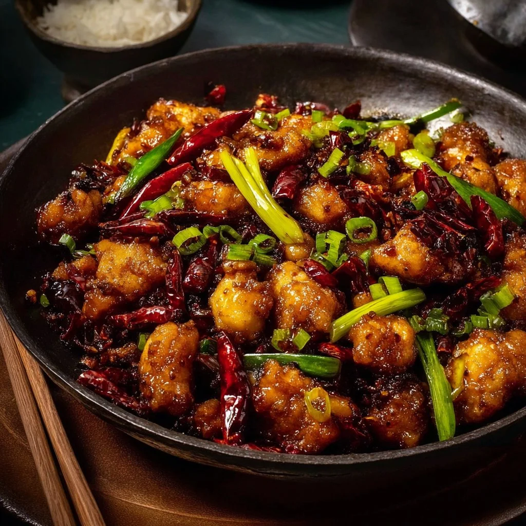 Spicy Szechuan chicken stir fry with colorful vegetables