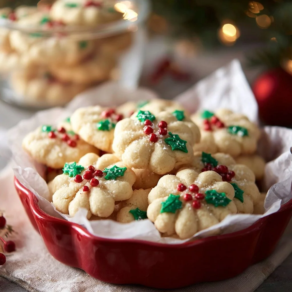 Deliciously decorated spritz cookies on a festive holiday platter.