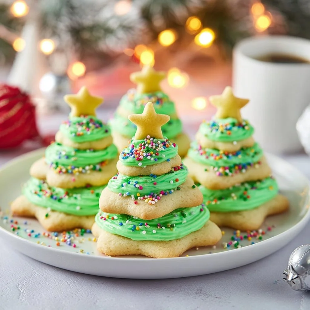 Decorated stacked Christmas tree cookies ready for the holiday season