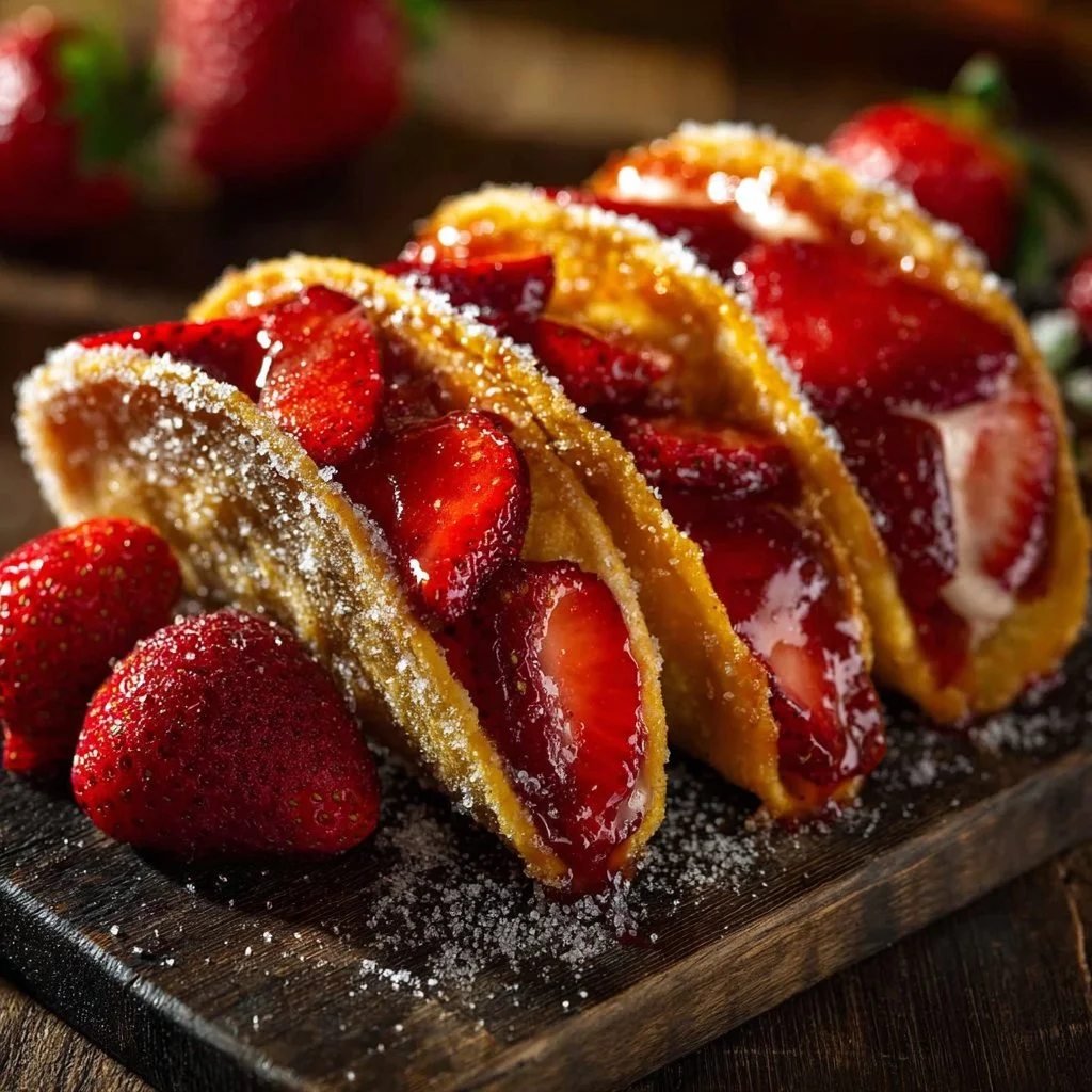 Strawberry cheesecake dessert tacos served on a plate
