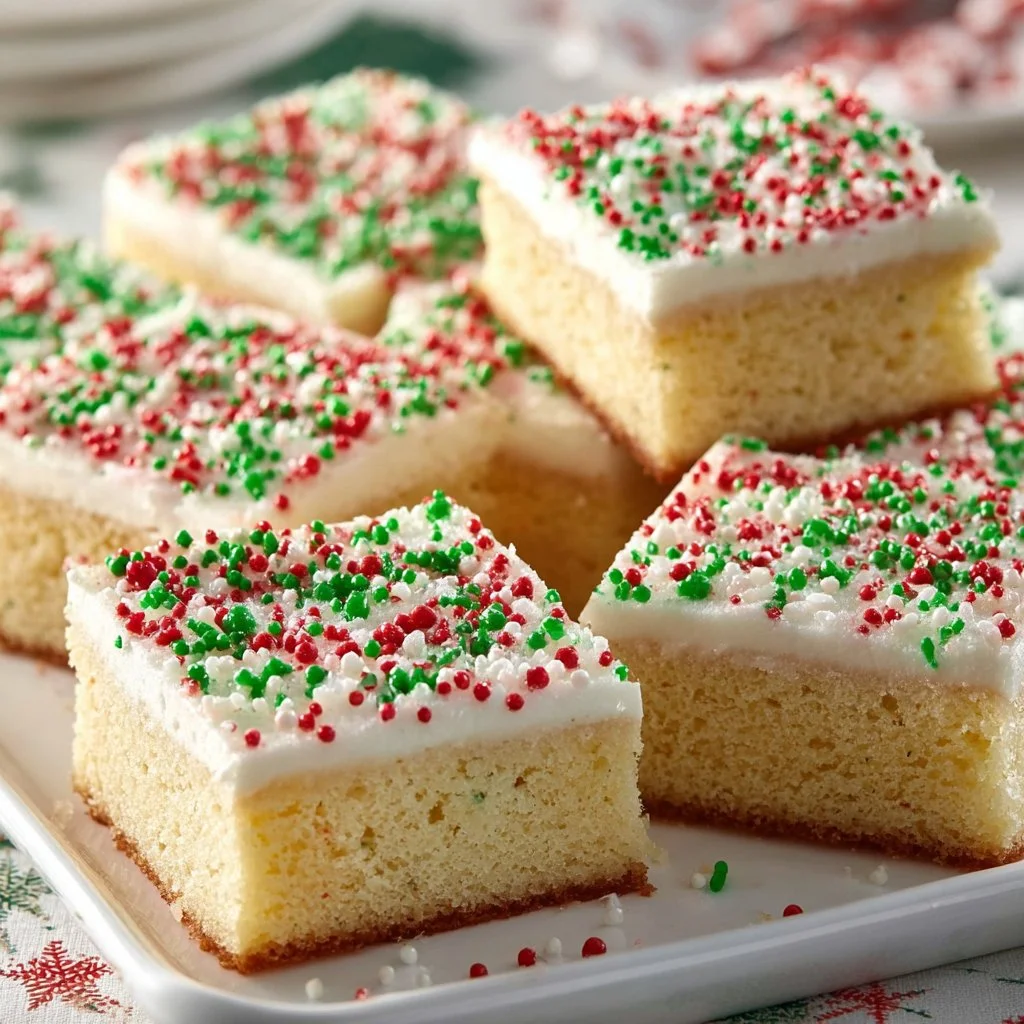 Delicious homemade sugar cookie bars topped with frosting and sprinkles