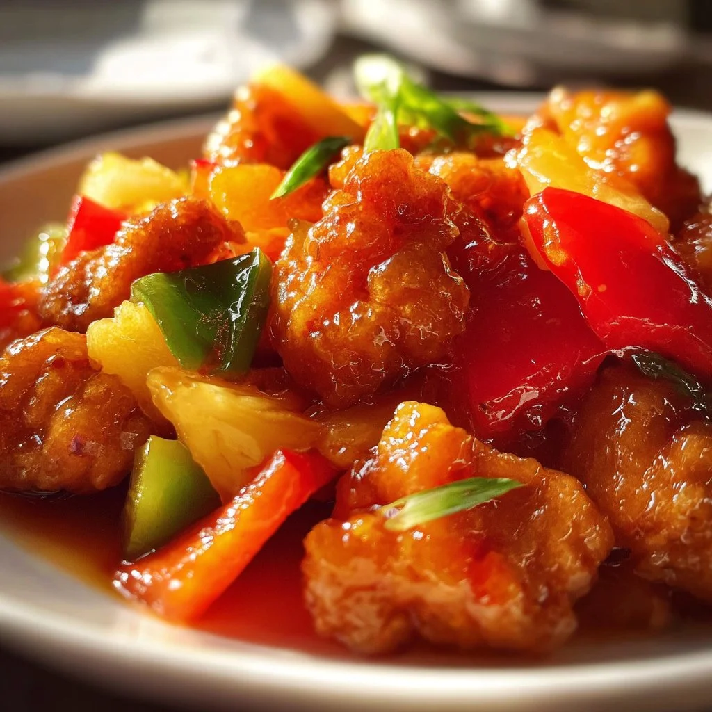 Delicious Sweet and Sour Chicken served with vibrant vegetables