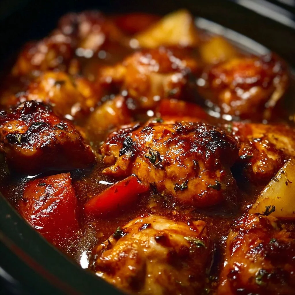 Delicious Sweet Baby Ray's Crockpot Chicken simmering in a slow cooker.
