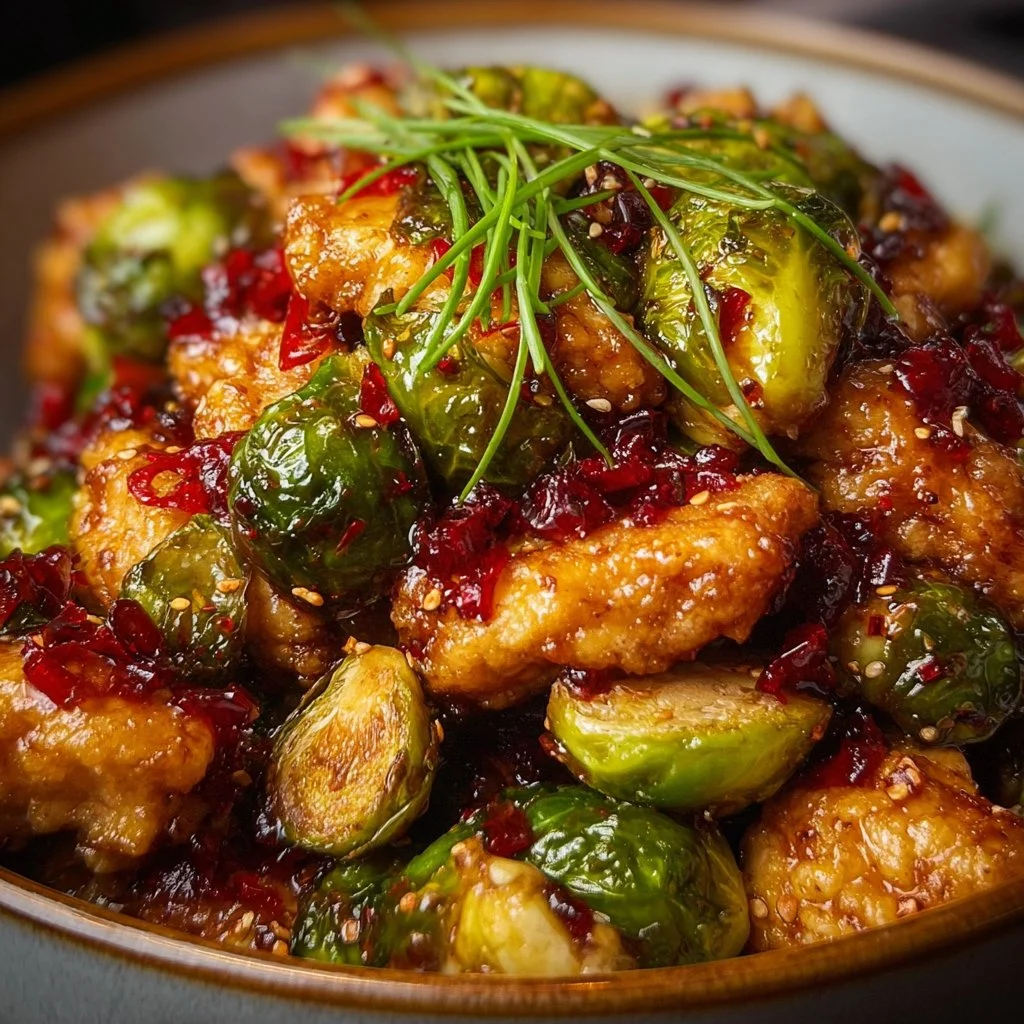 Air fryer bowl with Sweet Chili Chicken and Brussels Sprouts
