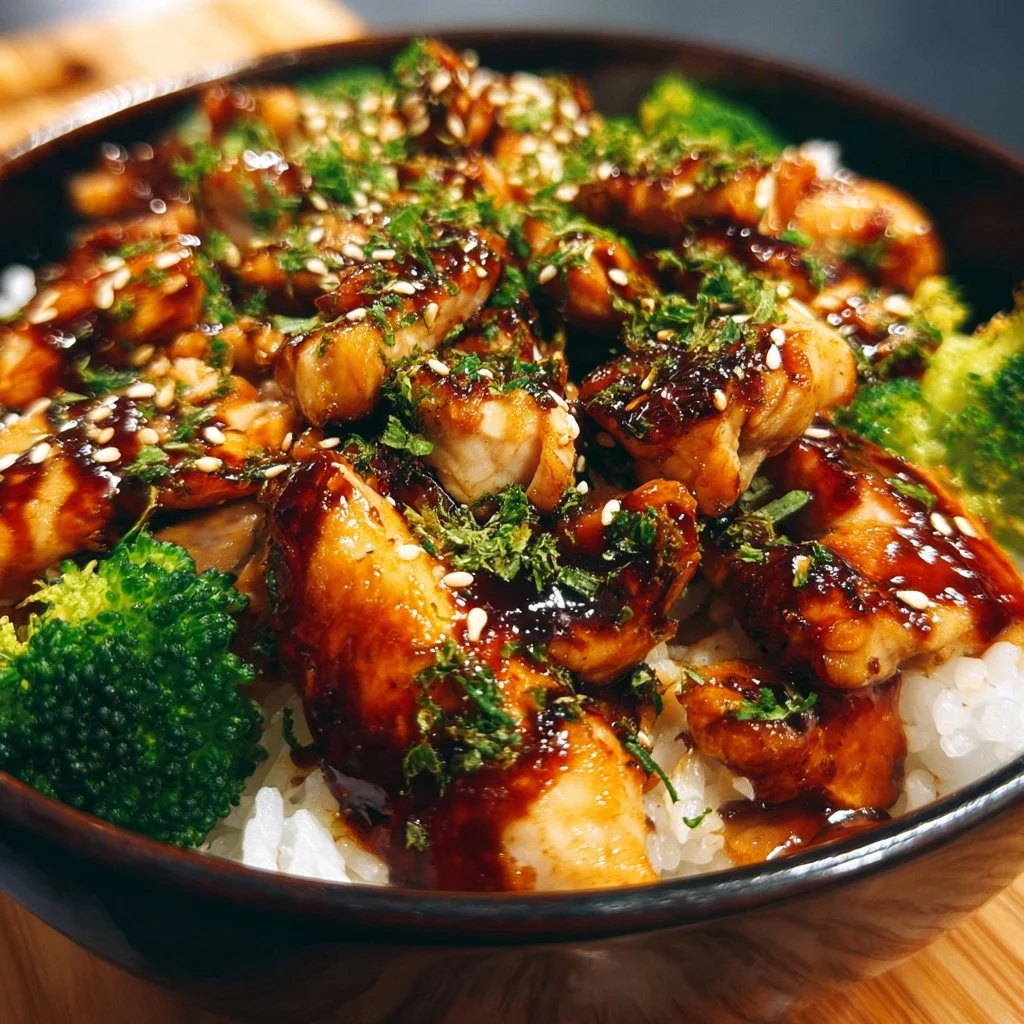 Delicious teriyaki chicken rice bowl garnished with vegetables