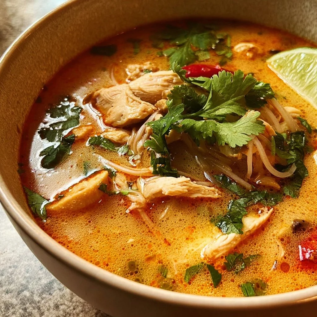 A bowl of steaming Thai Chicken Soup garnished with herbs and lime.