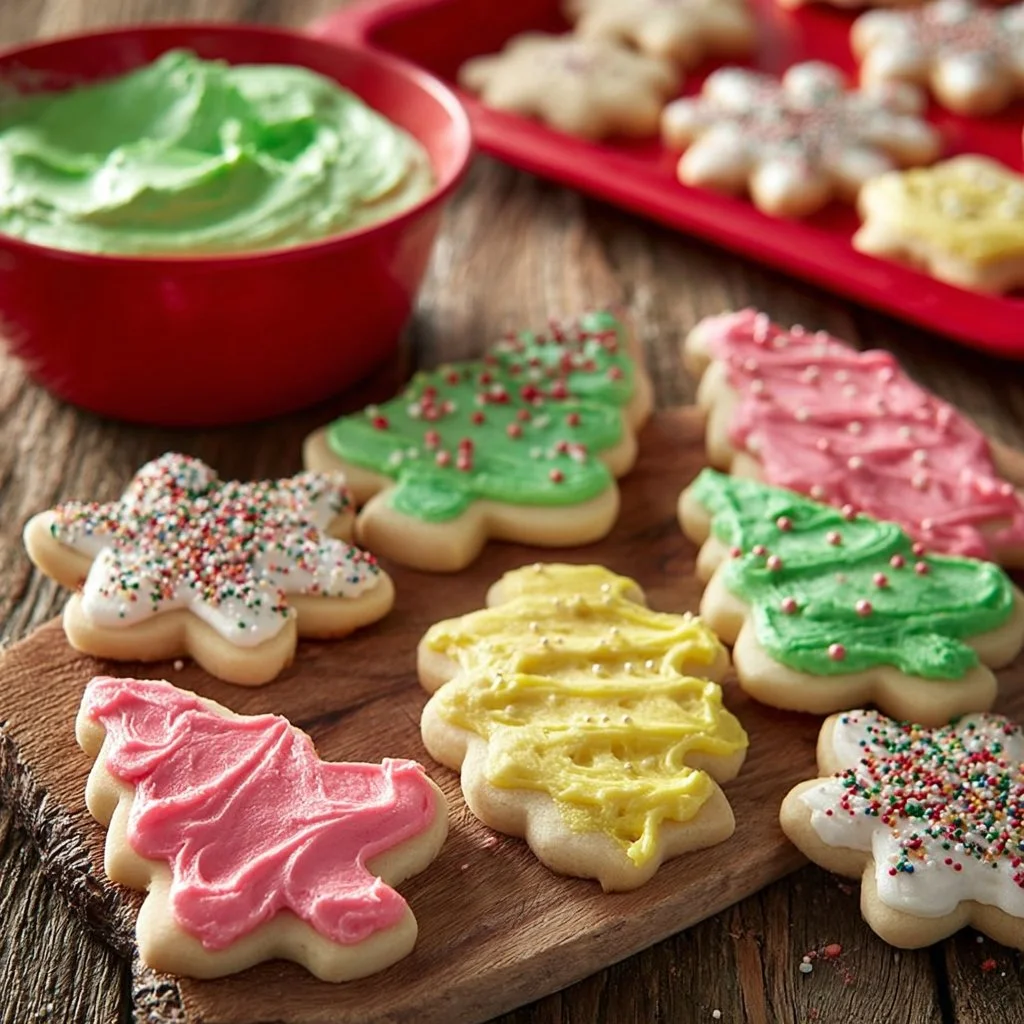 Decorated Christmas cut-out cookies on a festive table