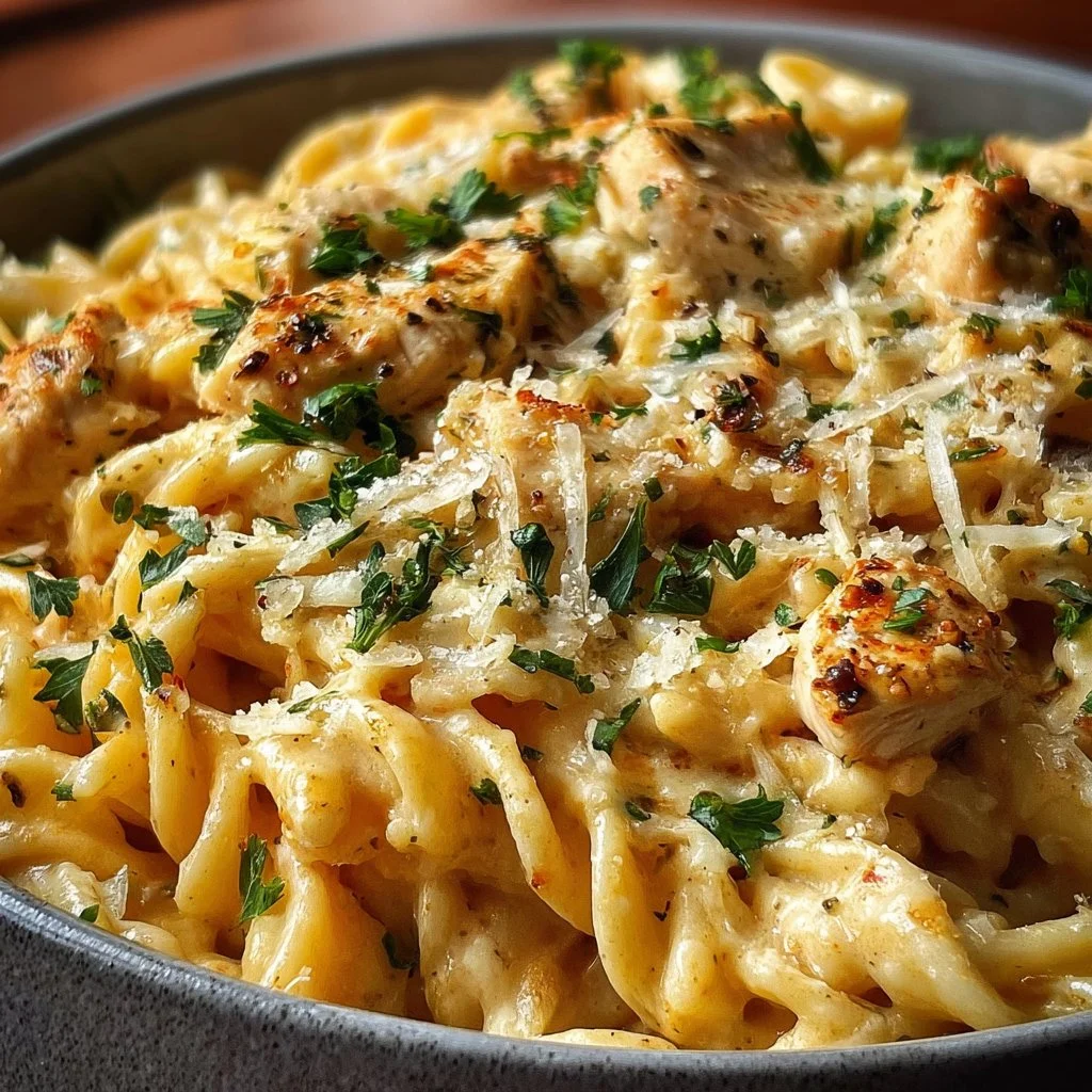 Crockpot garlic parmesan chicken pasta dish garnished with parsley