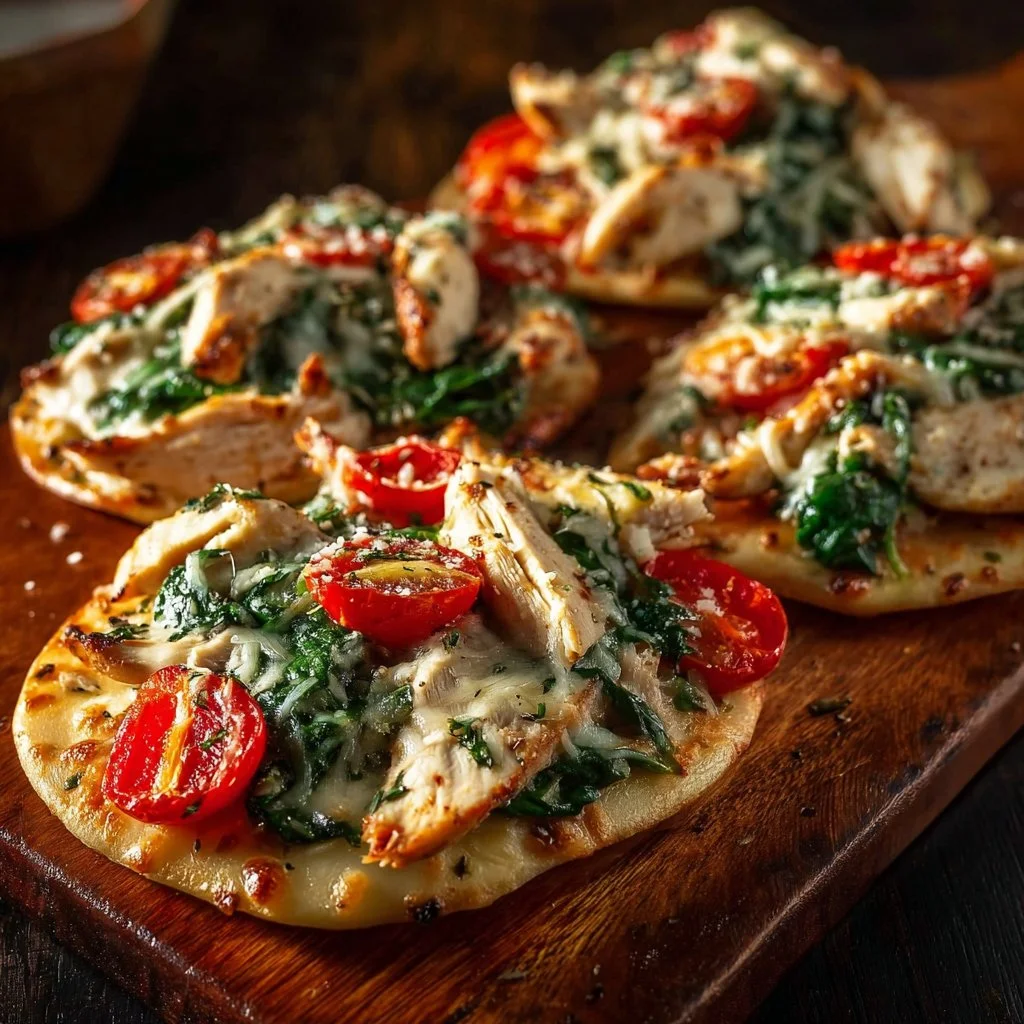 Tuscan Garlic Chicken Pita Pizzas with fresh ingredients and herbs